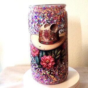 Handmade Glitter Snow Globe Cup 16 Oz. Acrylic Cowgirl Hat Lid & Straw Slow Flow
